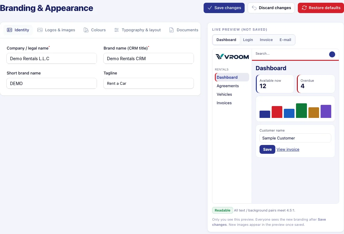 VROOM branding and appearance settings with identity fields and a live preview of the dashboard.