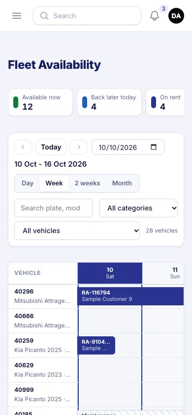 VROOM availability calendar on a phone with status counters, date controls and a horizontally scrolling timeline.