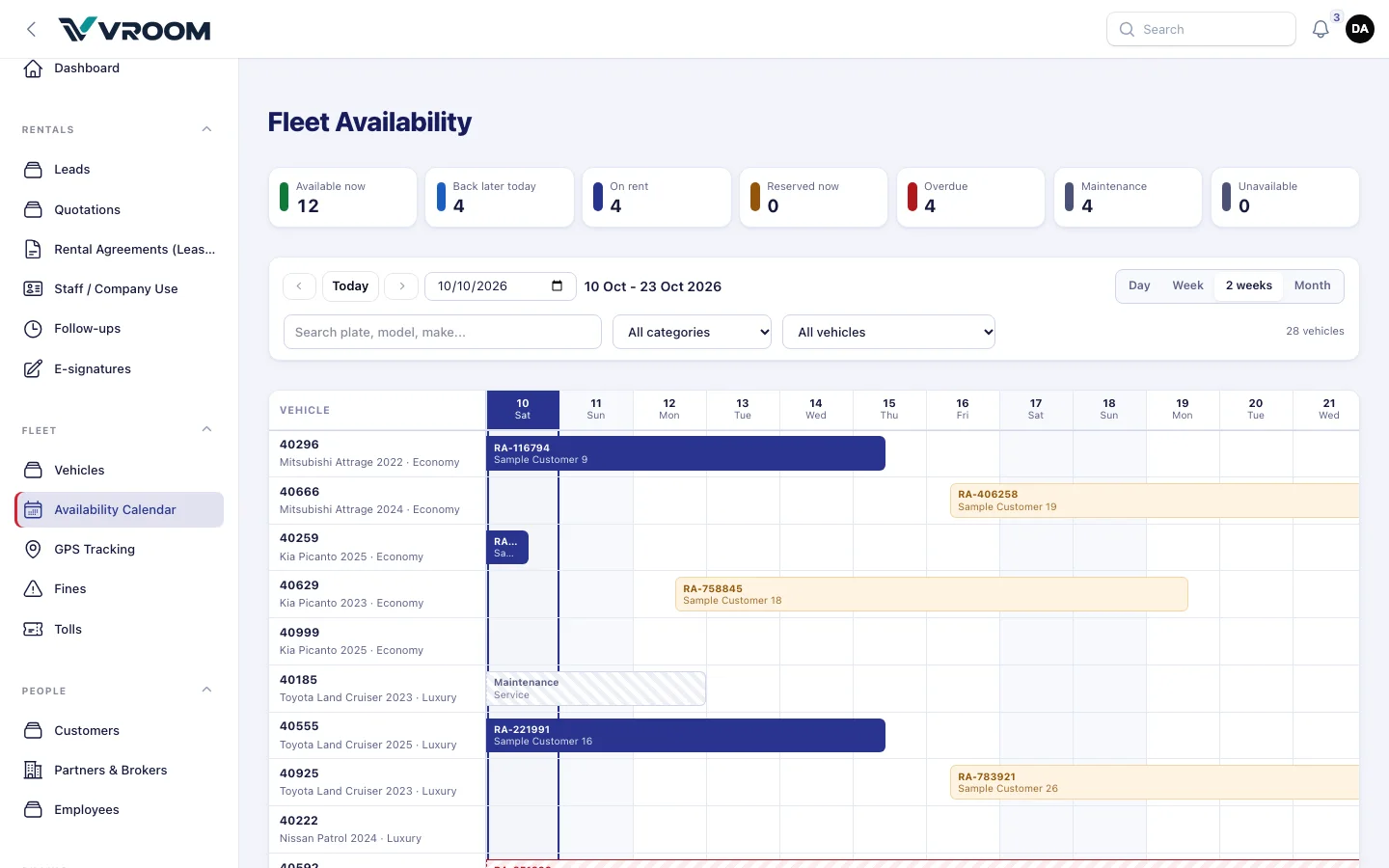 VROOM availability calendar.