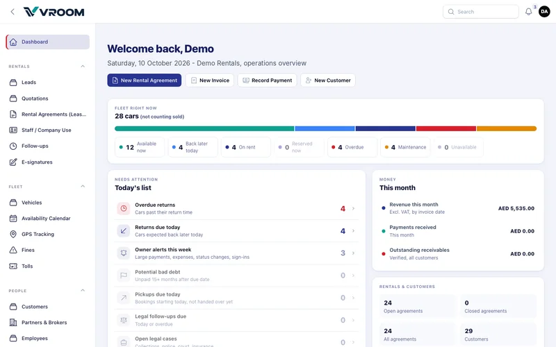 The VROOM dashboard with quick actions, the fleet bar, Today's list and Money this month